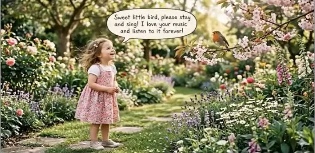 little cute girl listening to a bird singing on the branch of a tree